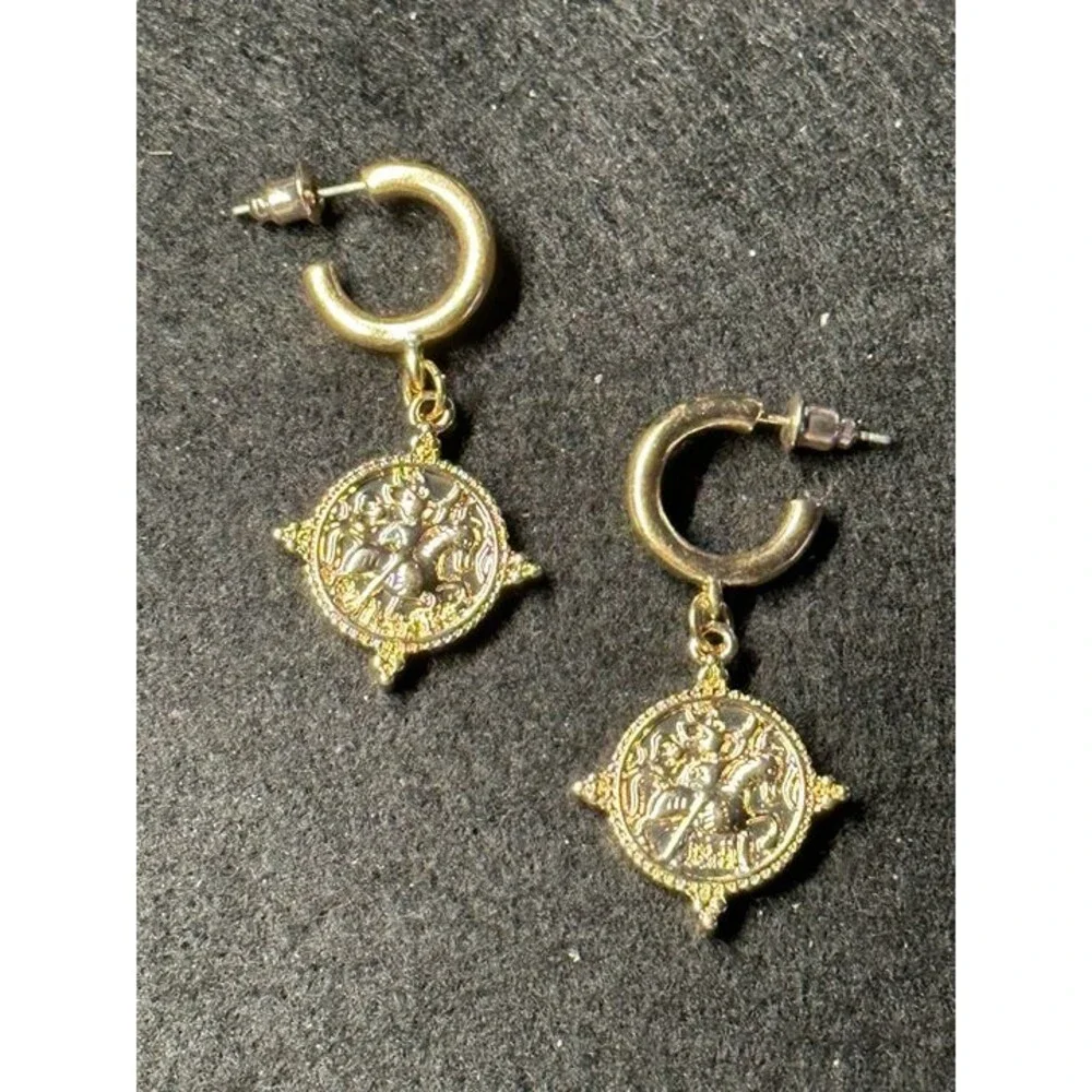 ESPRIT Gold Tone Coin Medallion Charm Dangle Hoop Earrings Embossed Boho New